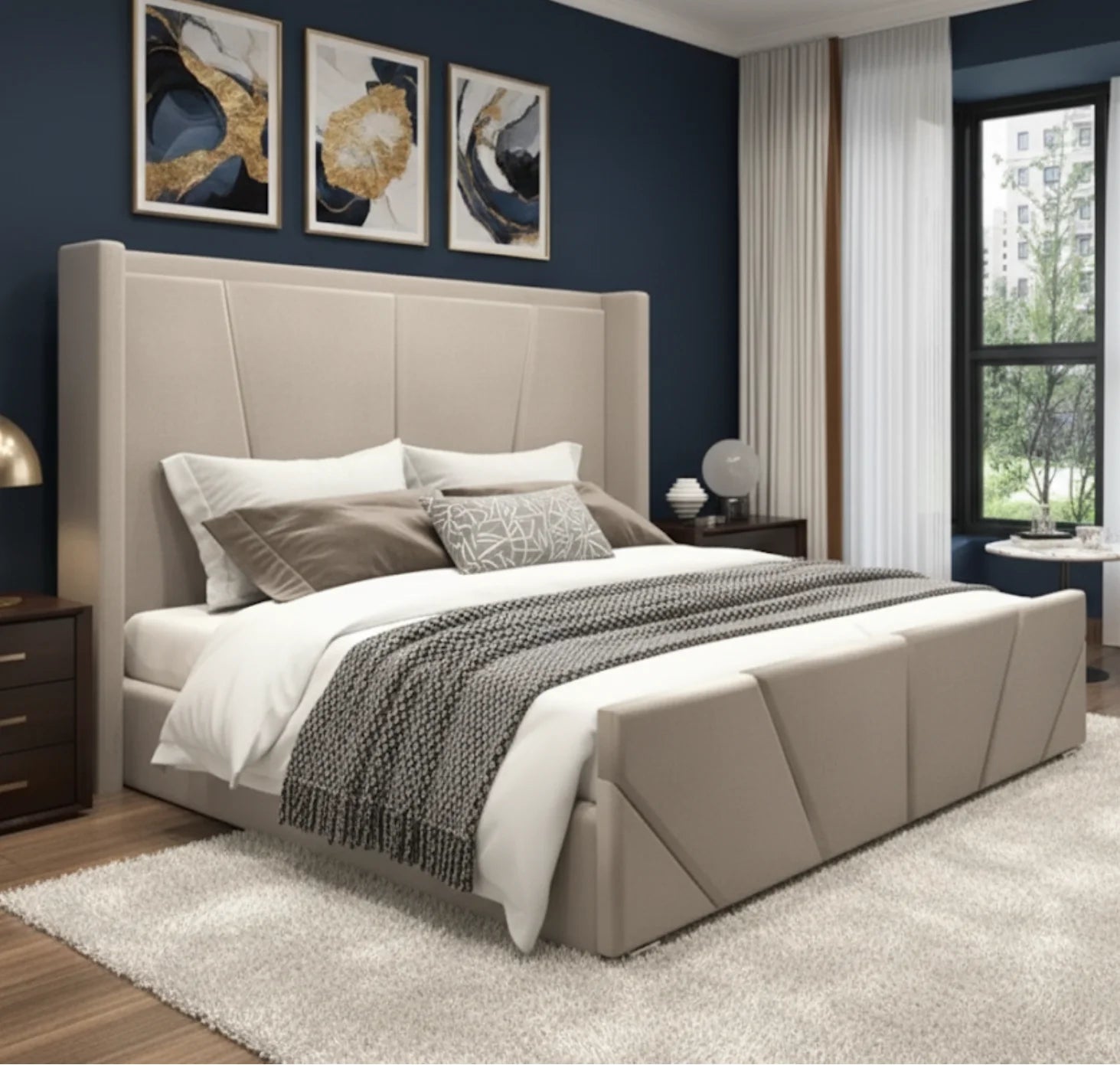 SunRise Wing Bed Frame | Luxury Fabric Ottoman Storage