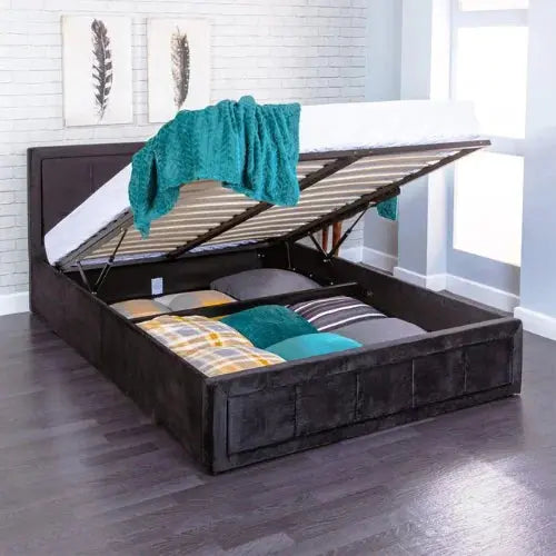 Plush Black Ottoman Gas Lift Fabric Storage Bed