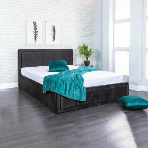 Plush Black Ottoman Gas Lift Fabric Storage Bed