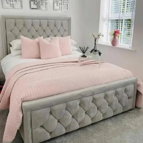 Rio Ottoman Storage Gas Lift Border Bed Frame Velvet Upholstered Double King Size